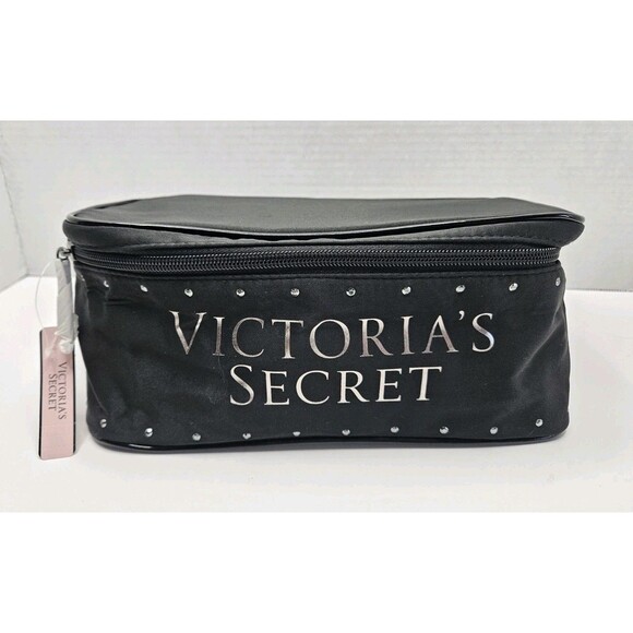 Victorias Secret Black Bling Train Case Makeup Fabric Cosmetic Bag NWT 3 Piece - Picture 1 of 9